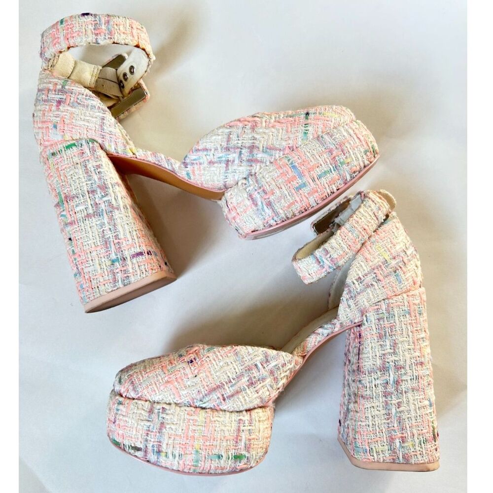 Charles & Keith Multi-Color Tweed D'Orsay Platform Chunky Block Heel Pumps